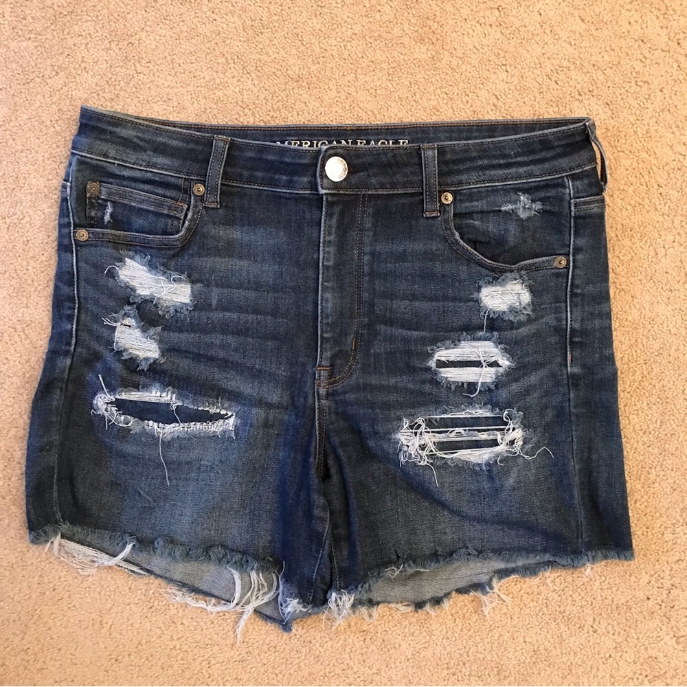 American Eagle Hi Rise Shortie Womens Size 14 Blue Distressed Denim Shorts AEO